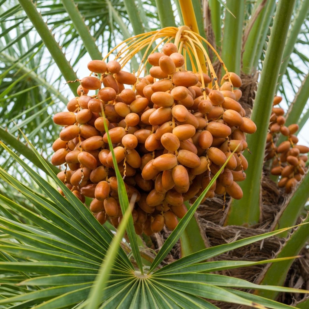 Cluster of ripening Medjool dates on a palm branch