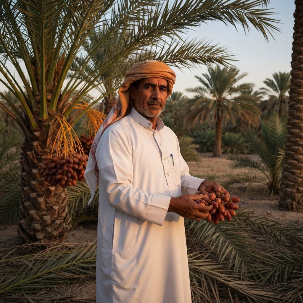Date farmer harvesting fresh Medjool dates